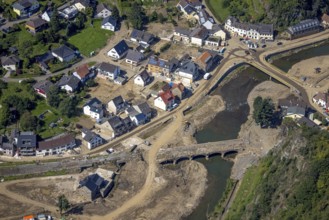 Aerial view, flood area on the river Ahr with destroyed bridges in the Kreuzberg district,