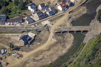 Aerial view, flood area on the river Ahr with destroyed bridges in the Kreuzberg district,