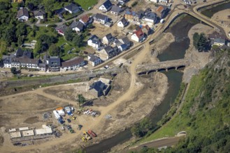 Aerial view, flood area on the river Ahr with destroyed bridges in the Kreuzberg district,