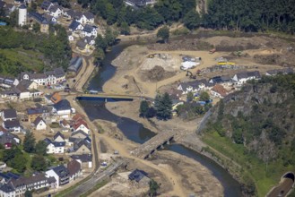 Aerial view, flood area on the river Ahr with destroyed bridges in the Kreuzberg district,