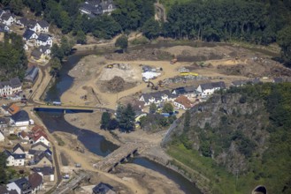 Aerial view, flood area on the river Ahr with destroyed bridges in the Kreuzberg district,