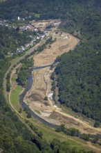 Aerial view, flood area at the river Ahr with historical sight Burg Kreuzberg in the district