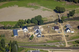 Aerial view, flood area at the river Ahr with construction area in Mühlenauel, Ahrbrück, Ahr flood,