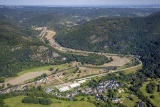 Aerial view, flood area at the river Ahr in the district Pützfeld in Ahrbrück, Ahr valley,