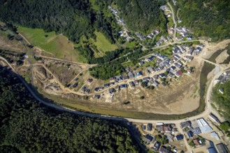 Aerial view, flood area on the river Ahr with Ahr bridge in the district of Brück, Ahrbrück, Ahr