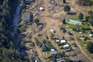 Aerial view, flooded area at the river Ahr and destroyed by flood disaster campsite Sahrtal Ute