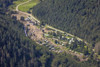 Aerial view, flooded area at the river Ahr and destroyed by flood disaster campsite Sahrtal Ute