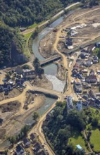 Aerial view, flooded area at the river Ahr with destroyed bridges and historical sight Burg