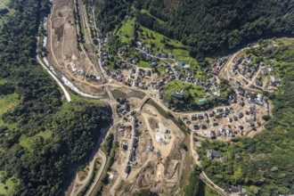 Aerial view, flooded area at the river Ahr with destroyed bridges and historical sight Burg