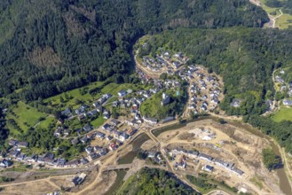 Aerial view, flooded area at the river Ahr with destroyed bridges and historical sight Burg