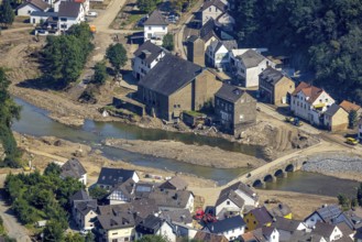 Aerial view, flood area on the river Ahr with Ahr bridge and St. Andreas Church in the district of
