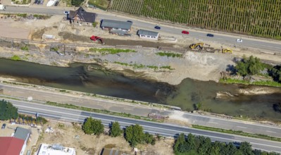 Aerial view, flood area at the river Ahr and railway track works at Heimersheim station, Bad