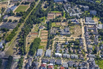 Aerial view, flood area at the river Ahr with destroyed HTC Bad Neuenahr tennis centre and TWIN