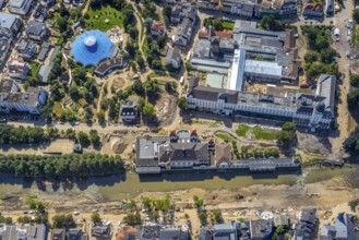 Aerial view, flood area at the river Ahr with spa hotel Bad Neuenahr and Steigenberger Hotel and