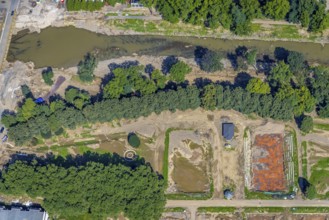 Aerial view, flood area at the river Ahr with destroyed HTC Bad Neuenahr tennis facility in Bad