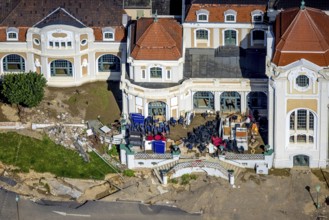 Aerial view, flood area at the river Ahr with spa hotel Bad Neuenahr and furniture on the terrace