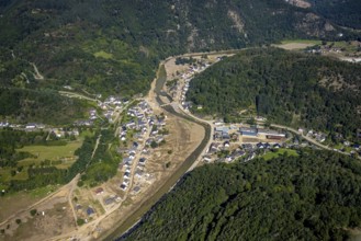 Aerial view, flood area on the river Ahr with Ahr bridge in the district of Brück, Ahrbrück, Ahr