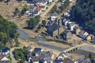 Aerial view, flood area on the river Ahr with Ahr bridge and St. Andreas Church in the district of