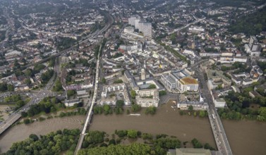 Aerial photo, Ruhr flood, flooding, Ruhrbania with flooding in the old town I, Mülheim an der Ruhr,