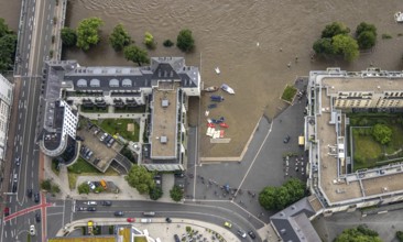 Aerial photo, Ruhr flood, flooding, Ruhrbania with flooding in the old town I, Mülheim an der Ruhr,