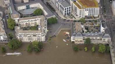 Aerial photo, Ruhr flood, flooding, Ruhrbania with flooding in the old town I, Mülheim an der Ruhr,