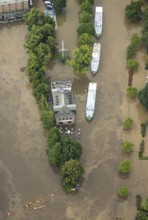Aerial view, Ruhr flood, flooding, Haus Ruhrnatur, Weiße Flotte Mülheim an der Ruhr