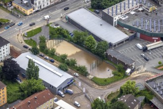 Aerial view, flood, floods, medium-sized town, Hagen, Ruhr area, North Rhine-Westphalia, Germany,
