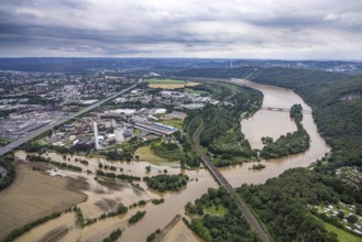 Aerial photograph, Ruhr flood, Hengsteysee with Lennemündung, Syburg, Dortmund, Ruhr area, North