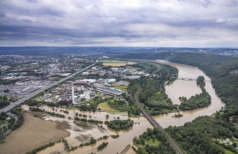 Aerial photograph, Ruhr flood, Hengsteysee with Lennemündung, Syburg, Dortmund, Ruhr area, North