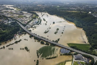 Aerial photo, Ruhr flood, flooding, Stiepel, city limits Bochum Hattingen, Ruhr area, North