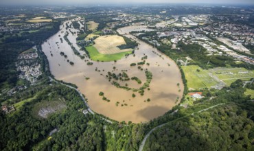 Aerial photo, Ruhr flood, flooding, Ruhrschleife Isenbergstraße, Hattingen, Ruhr area, North
