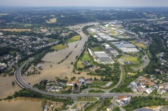 Aerial photo, Ruhr flood, flooding, Ruhr bridge Bochumer Straße, Hattingen, Ruhr area, North