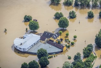Aerial photo, Ruhr flood, flooding, camping site Ruhrbrücke in Hattingen, Baak, Hattingen, Ruhr