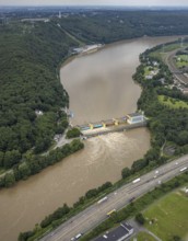 Aerial photo, Ruhr flood, barrage Hengsteysee, flooding, Herdecke, Boele, Hagen, Ruhr area, North