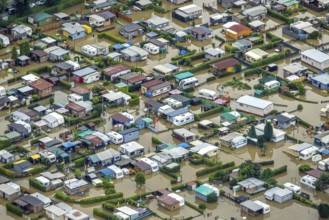 Aerial photo, Ruhr flood, flooded camping site CampingClub Garenfeld Ruhrbogen e.v, Westhofen,