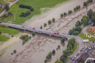 Aerial photo, Ruhr flood, flood after heavy rainfall, Wickede, Sauerland, North Rhine-Westphalia,