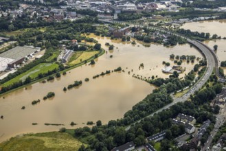 Aerial photo, Ruhr flood, flooding, camping site Ruhrbrücke in Hattingen, Baak, Hattingen, Ruhr