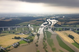 Aerial photo, Ruhr flood, flooding, A52 motorway bridge, Saarn, Mülheim an der Ruhr, Ruhr area,