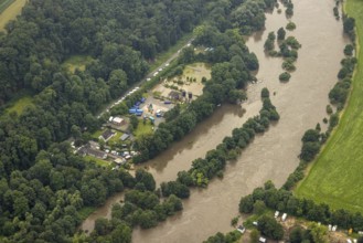 Aerial photo, Ruhr floods, floods at Laupendahler Landstraße in Essen-Werden, Werden, Essen, Ruhr