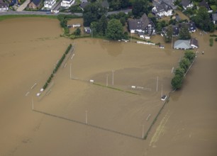 Aerial photo, Ruhr floods, flooding, DJK Blau-Weiß Mintard e.V., Kettwig, Essen, Ruhr area, North