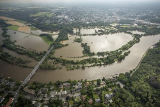 Aerial photo, Ruhr flood, flooding, Ruhr flooding near Menden and Ickten, Mülheim an der Ruhr, Ruhr