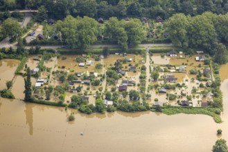 Aerial view, Ruhr flood, flooding, flooded allotment garden site at Holunderweg Mintarder Straße,