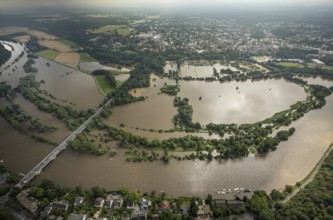 Aerial photo, Ruhr flood, flooding, Ruhr flooding near Menden and Ickten, Mülheim an der Ruhr, Ruhr
