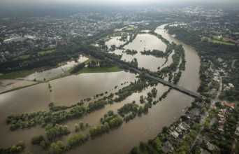 Aerial photo, Ruhr flood, flooding, Ruhr flooding near Menden and Ickten, Mülheim an der Ruhr, Ruhr