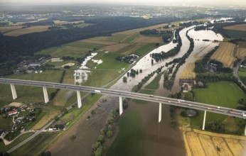 Aerial photo, Ruhr flood, flooding, A52 motorway bridge, Saarn, Mülheim an der Ruhr, Ruhr area,