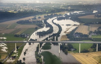 Aerial photo, Ruhr flood, flooding, A52 motorway bridge, Saarn, Mülheim an der Ruhr, Ruhr area,