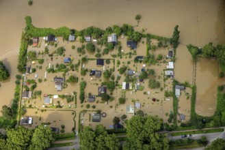 Aerial view, Ruhr flood, flooding, flooded allotment garden site at Holunderweg Mintarder Straße,