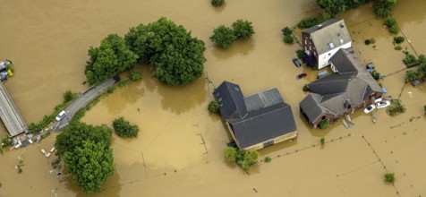 Aerial photo, Ruhr flood, flooding, Dumberg, Hattingen, Ruhr area, North Rhine-Westphalia, Germany,