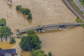 Aerial photo, Ruhr flood, flooding, Dahlhausen floating bridge, Linden, Bochum, Ruhr area, North
