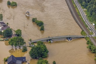 Aerial photo, Ruhr flood, flooding, floating bridge Dahlhausen, Linden, Bochum, Ruhr area, North